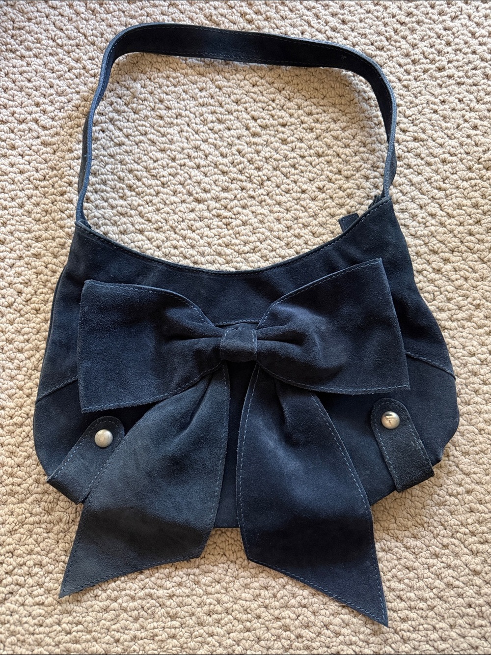 Navy Suede Italian Shoulder Bag with Bow Accent